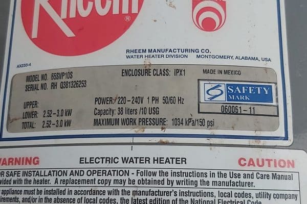 Rheem 65SVP10S Water Heater replacement at Heritage View