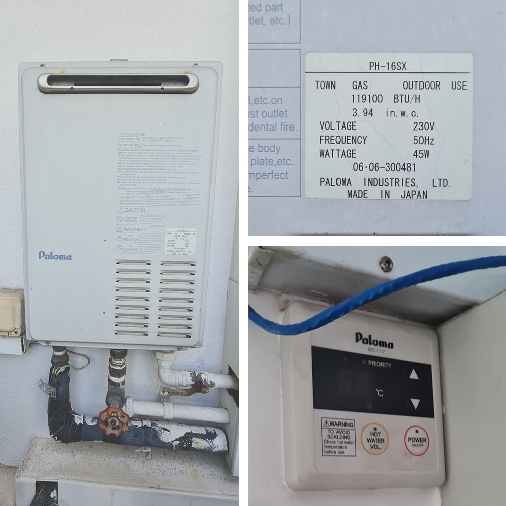 Paloma PH-16SX gas heater replacement at The Sea View 27 Jan 2024