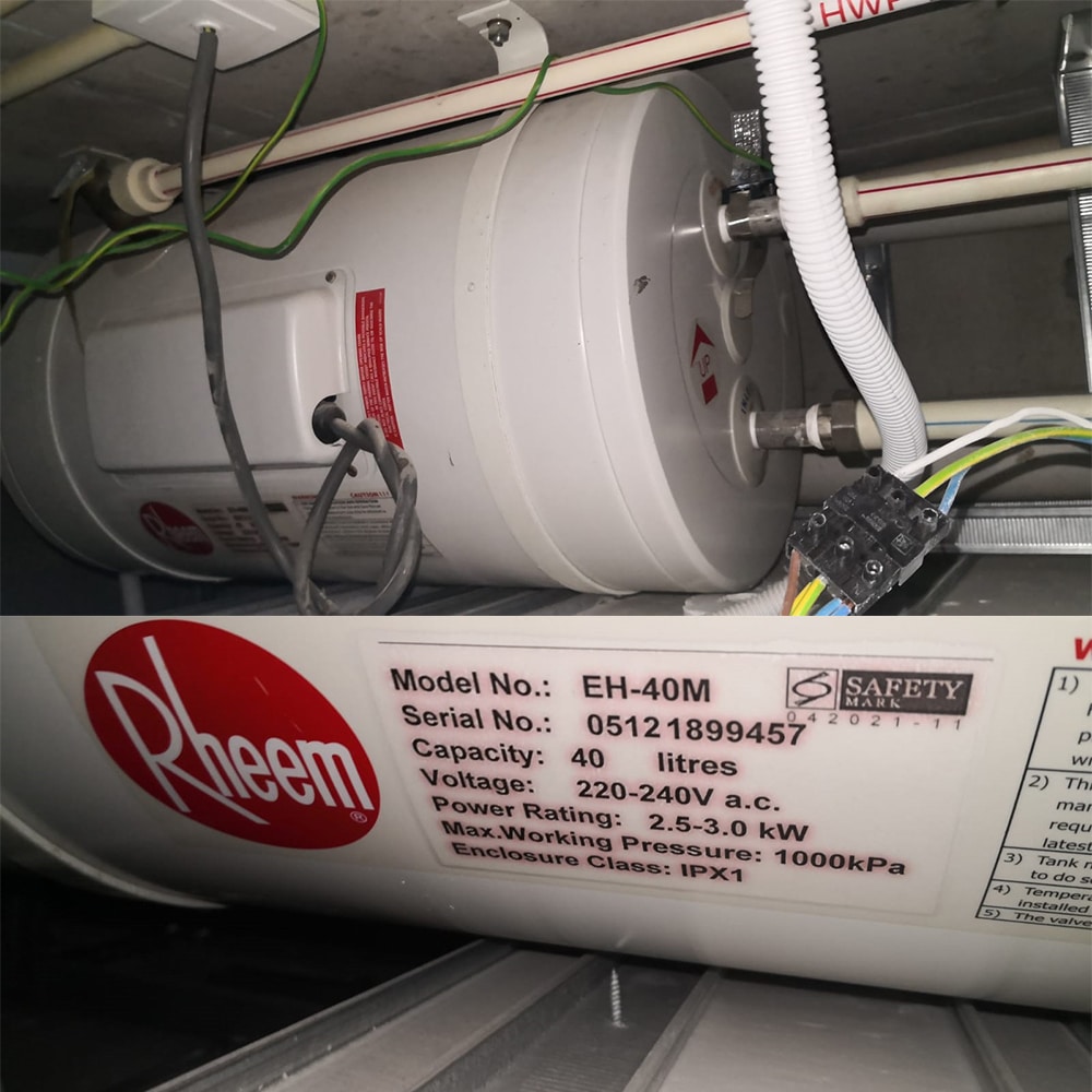 Rheem EH-40M water heater replacement at The Minton - 6 May 2024