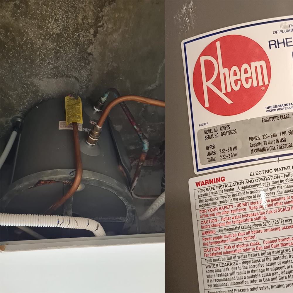 Rheem 85VP6S water heater replacement at Nineteen Shelford - 16 May 2024