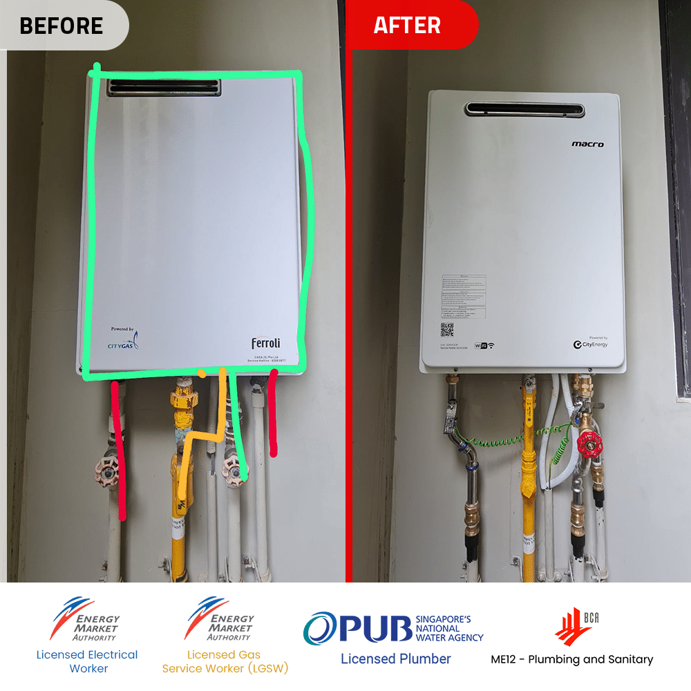 Before and After installation of Ferroli GS 20 OE BIP TG (I) to Macro MA-20WODP gas heater at D'Nest-8 Jul 2024