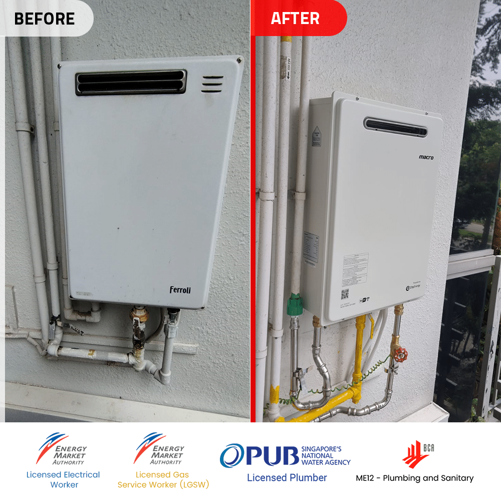 Gas Water Heater Singapore - Ferroli GS 16 OE TG replacement to Macro MA-20WOD Before and After water heater