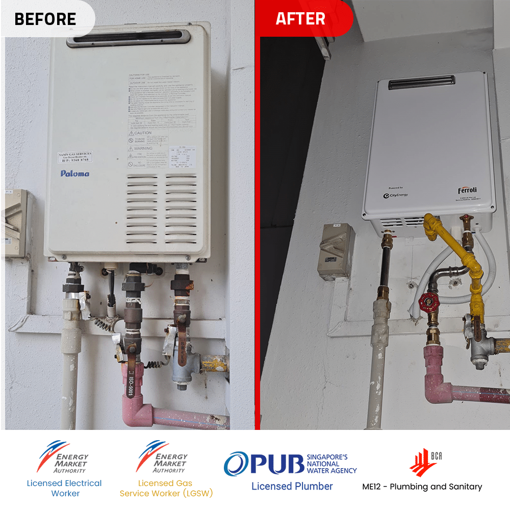 Paloma PH-16SX gas heater replacement Before & After at The Quartz - 6 Jan 2023