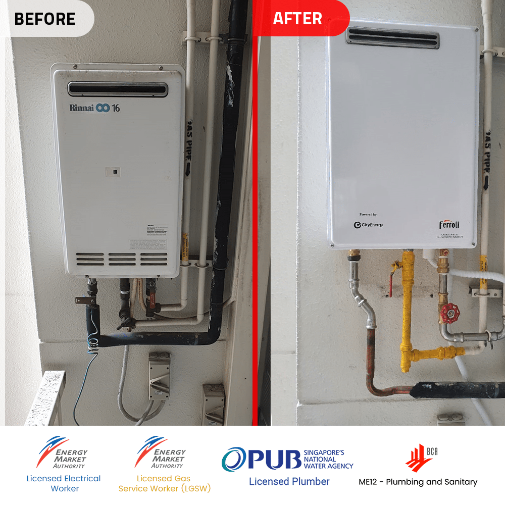 Rinnai REU-1618W-RS gas heater replacement at Changi Rise Condo -Before and after- 7 Jan 2023