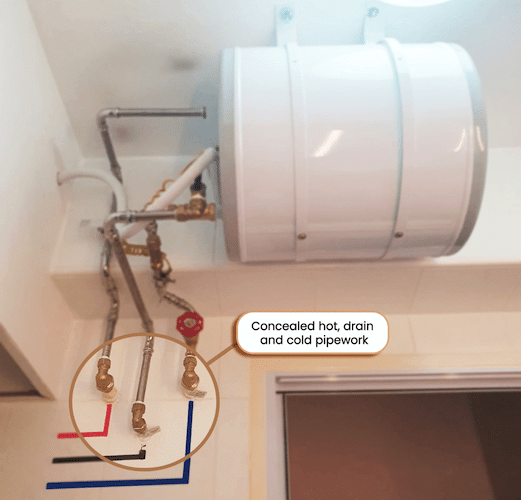 concealed hot drain and cold pipework