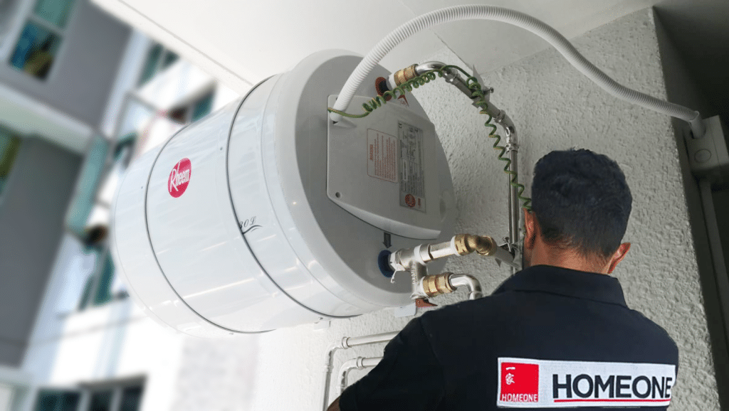 Rheem EHG-30 storage water heater installation with technician