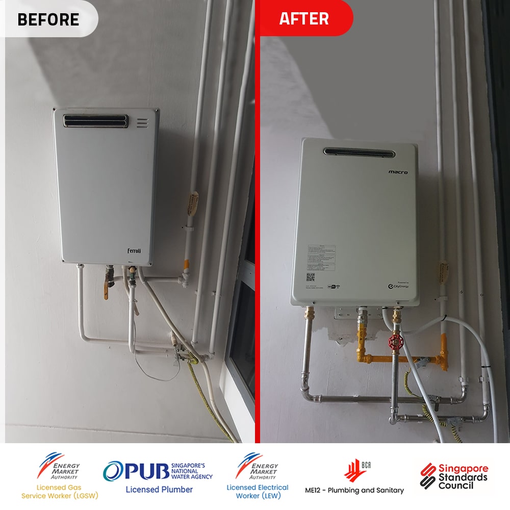 Ferroli GS 16 OE TG gas water heater replacement to Macro MA-20WOD- Before and After- D'Castillia