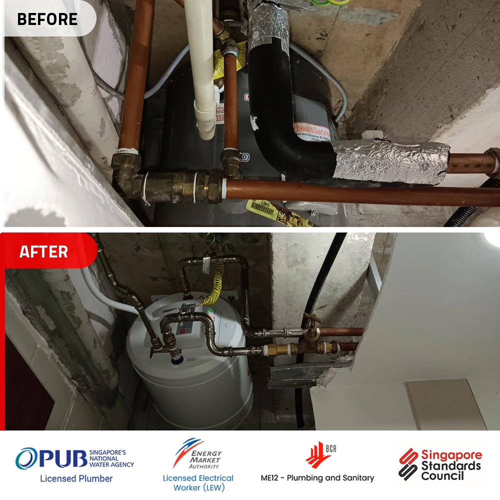 Rheem 65SVP10S water heater replacement to Rheem EHG-30 at Yishun Emerald- Before and After