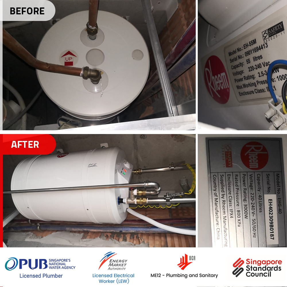 Rheem EH-55M water heater replacement to Rheem EHG-40 at Versillia on Haig- Before and After