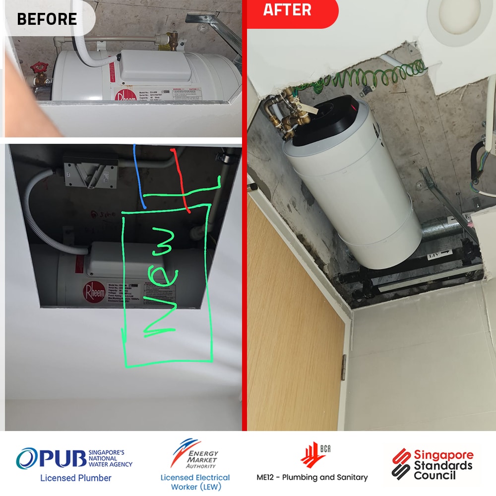 Rheem EH-55M storage water heater replacement to Ariston PRO1 R INOX 40 H at The Lakefront Resisdences- Before and After